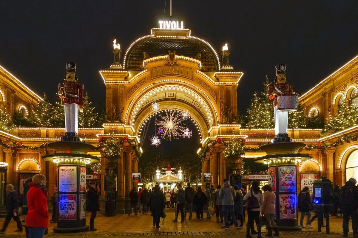 Tivoli Gardens entrance in Copenhagen illuminated with Christmas lights, decorations and festive nutcracker figures