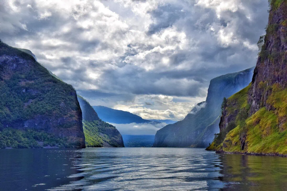 Norwegian fjord surrounded by steep mountains near Bergen