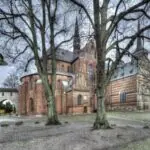 Historic Roskilde Cathedral framed by trees in Roskilde, Denmark