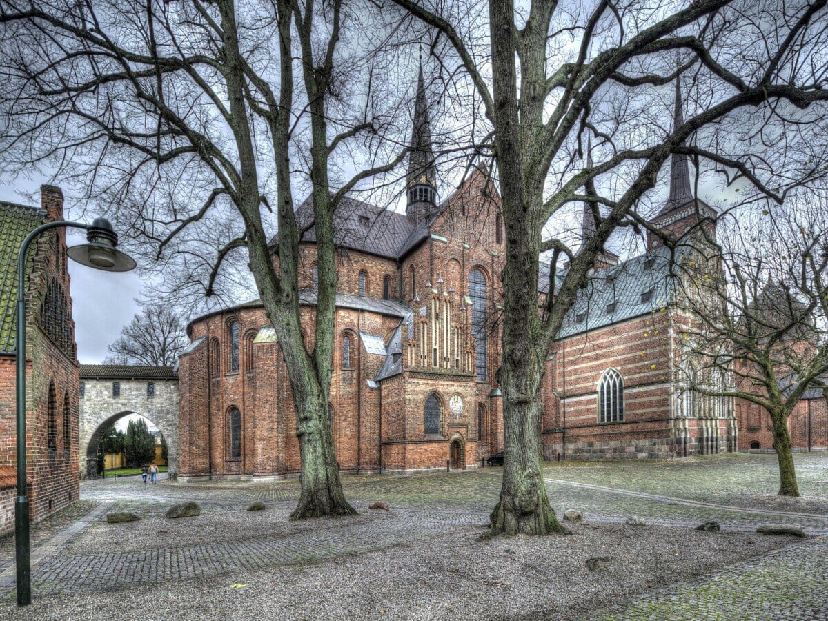 Historic Roskilde Cathedral framed by trees in Roskilde, Denmark