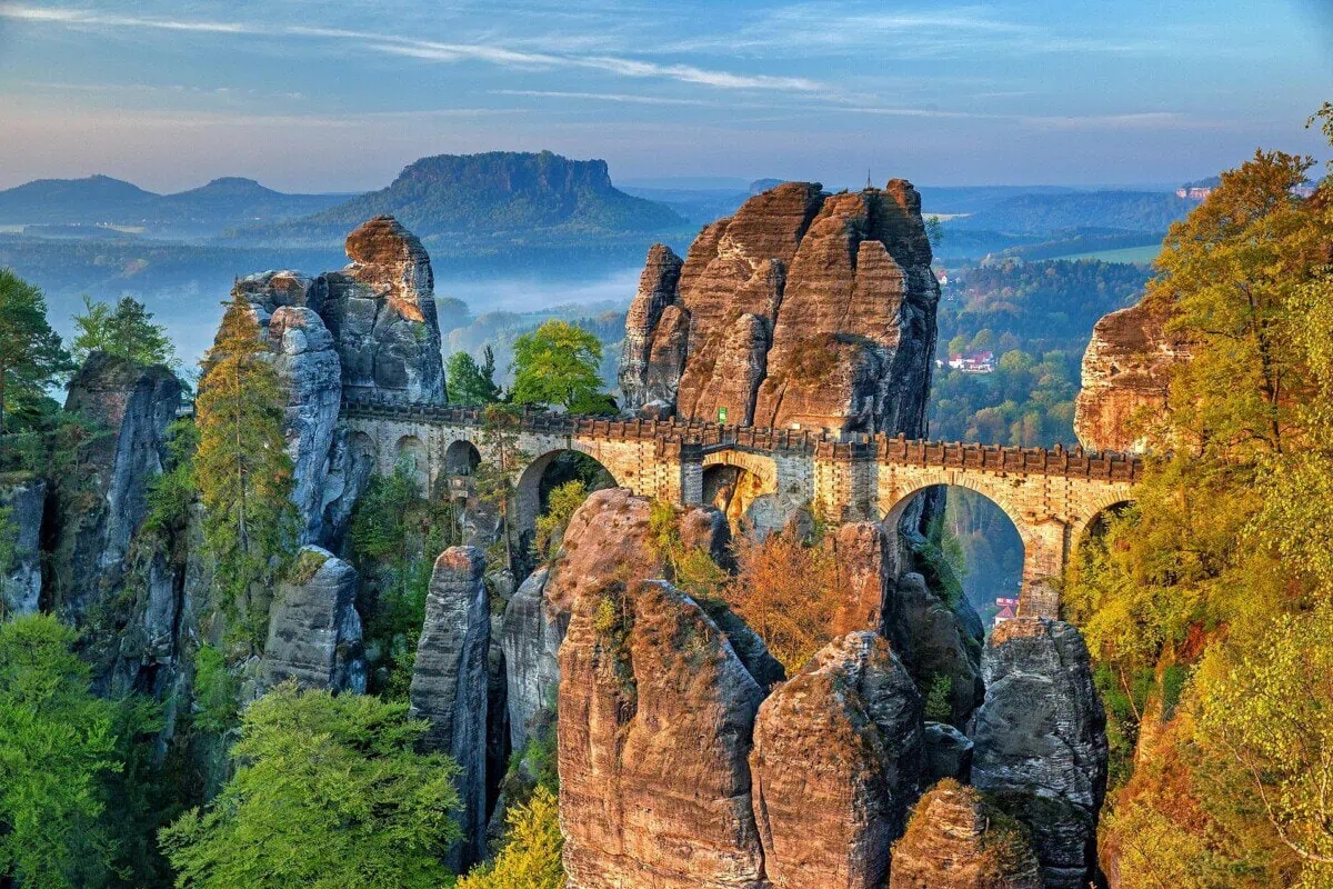 Bastei Bridge among sandstone rock formations in Saxon Switzerland