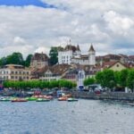 Nyon waterfront and castle on Lake Geneva in Switzerland