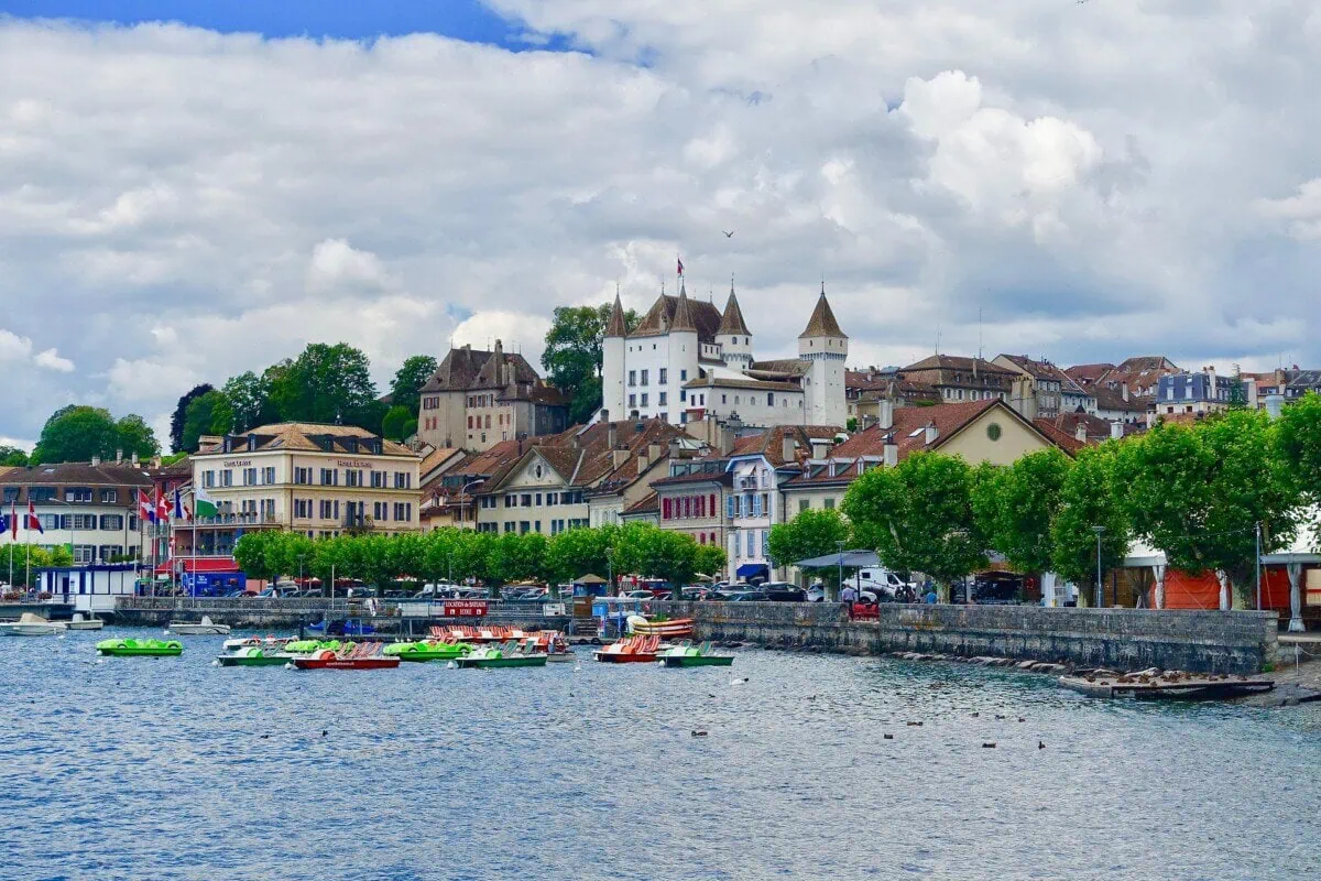 Nyon waterfront and castle on Lake Geneva in Switzerland