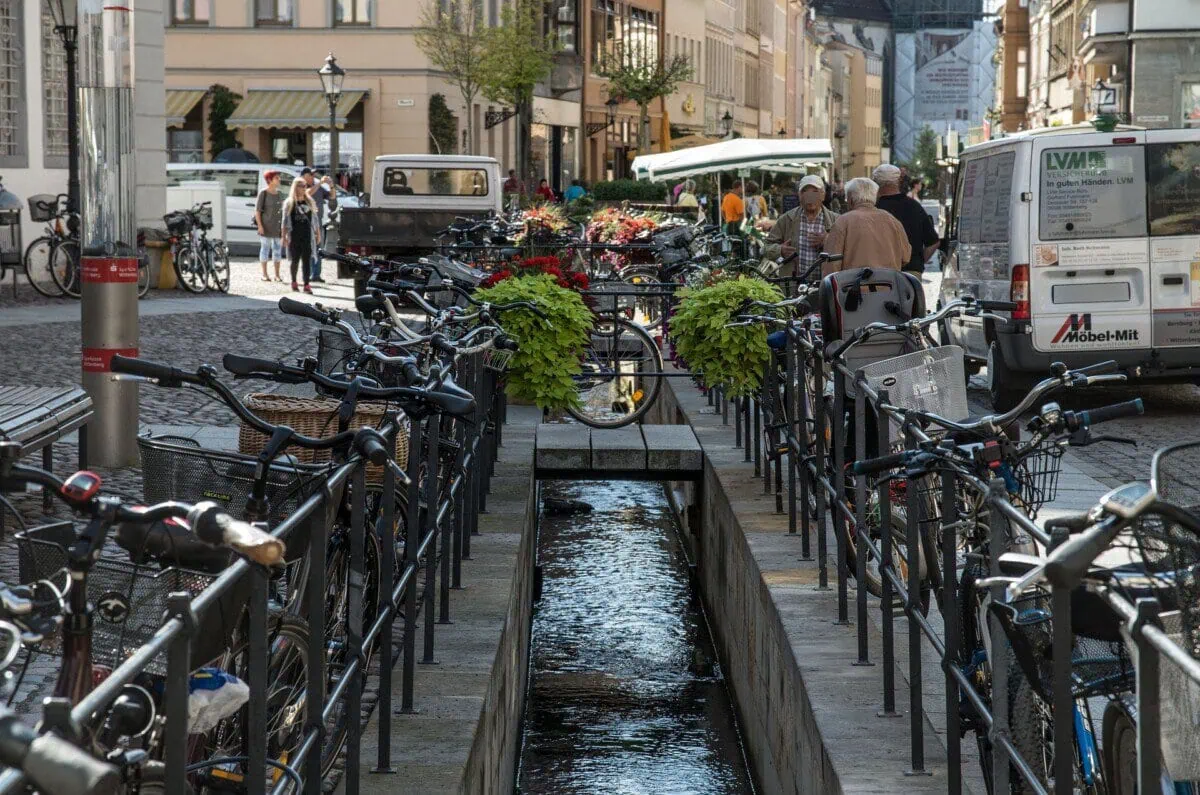 Bicycles beside the historic town centre in Lutherstadt Wittenberg