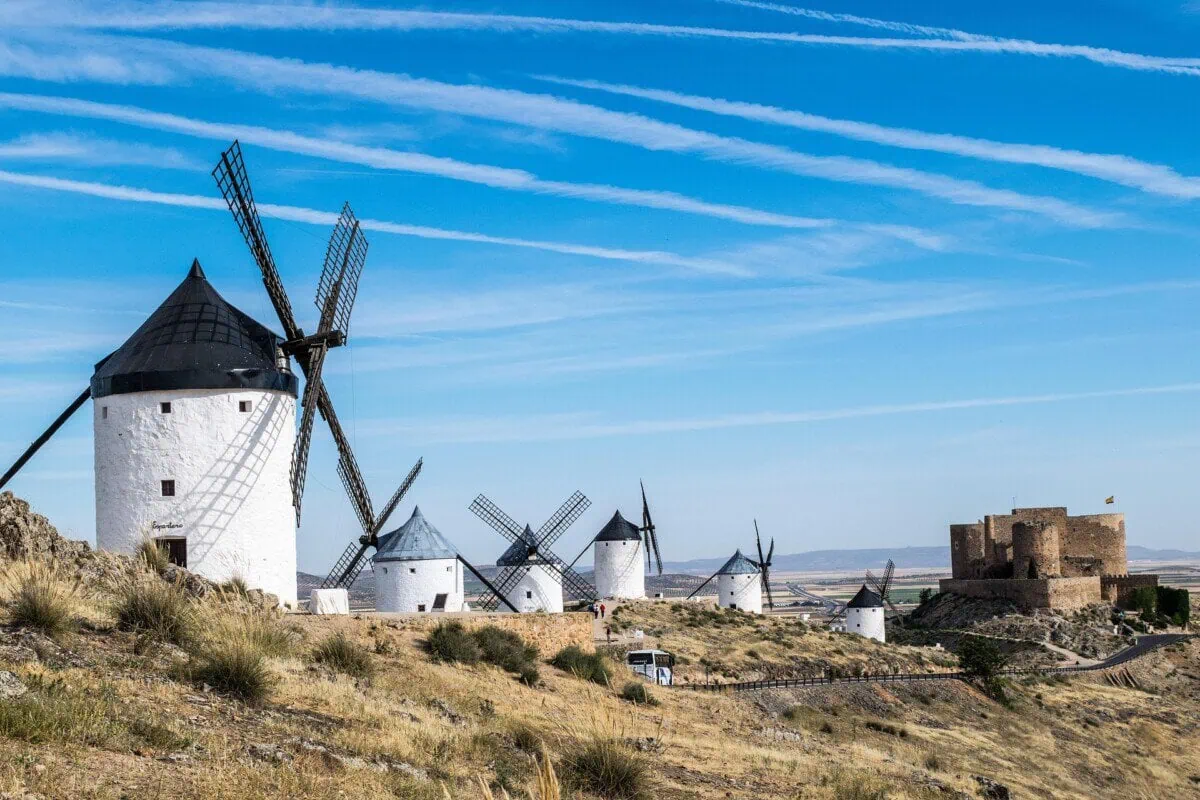 Windmills and castle at Consuegra near Madrid