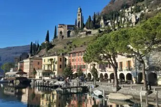 Lakefront buildings and hillside scenery in Lugano, Switzerland