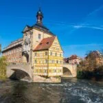 Bamberg Old Town Hall spanning the Regnitz River with half-timbered architecture