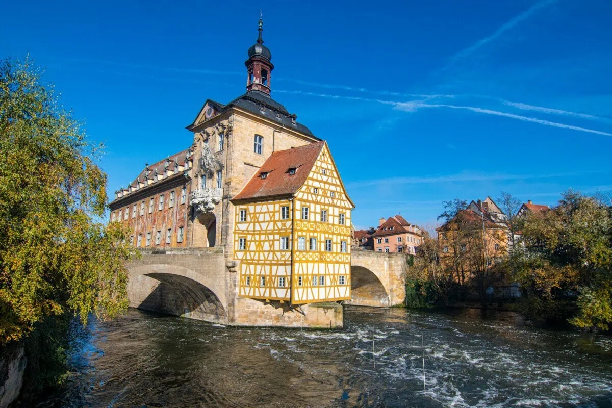 Bamberg Old Town Hall spanning the Regnitz River with half-timbered architecture