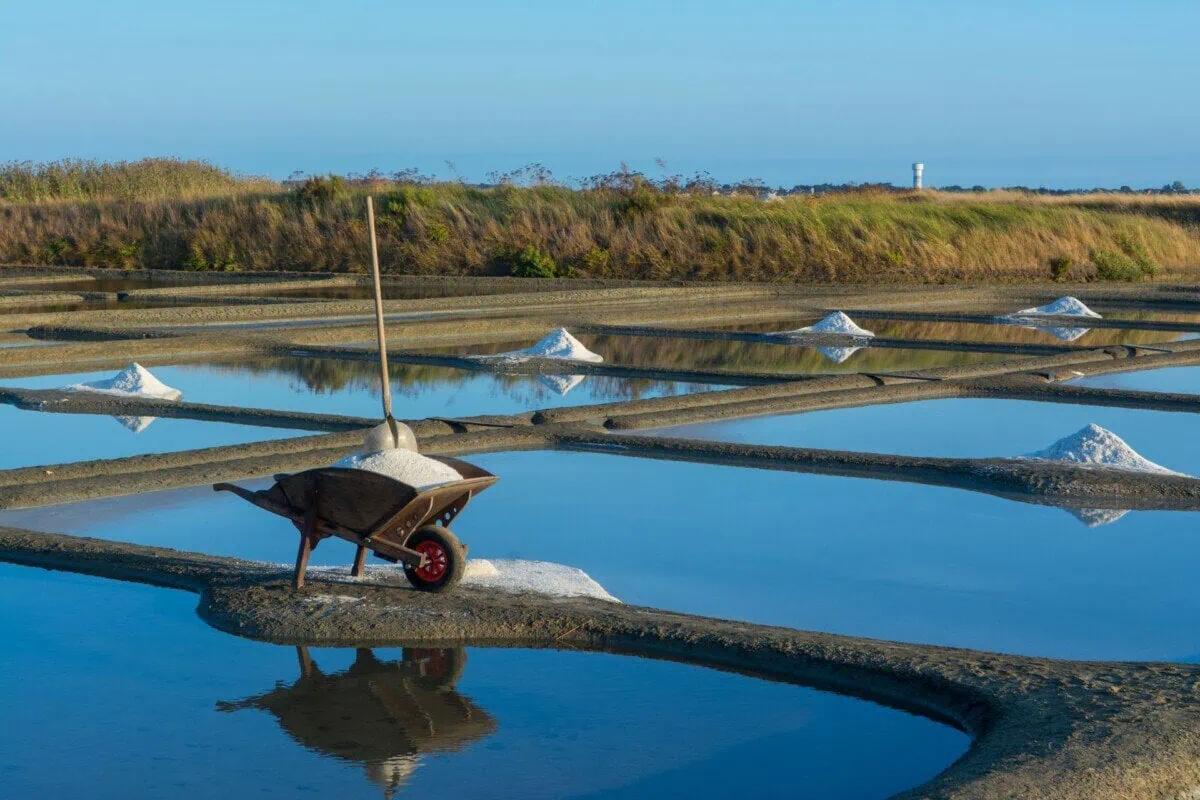 Traditional salt pans with piles of sea salt in Mallorca