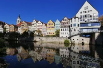Colourful historic houses beside the Neckar River in Tübingen