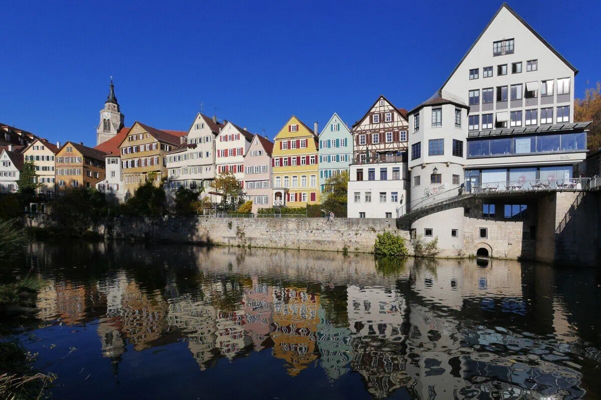 Colourful historic houses beside the Neckar River in Tübingen