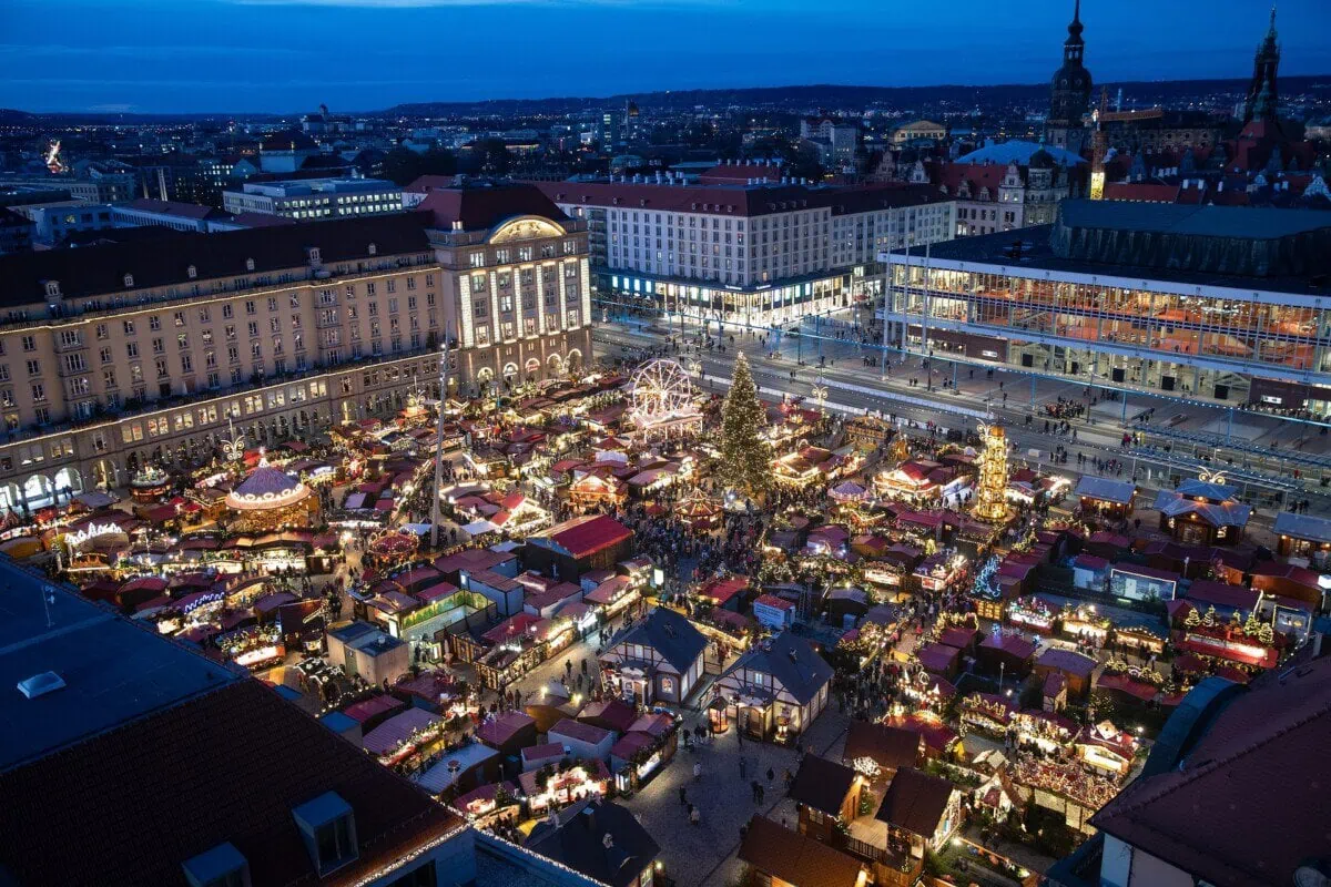 Dresden Striezelmarkt Christmas market illuminated at night