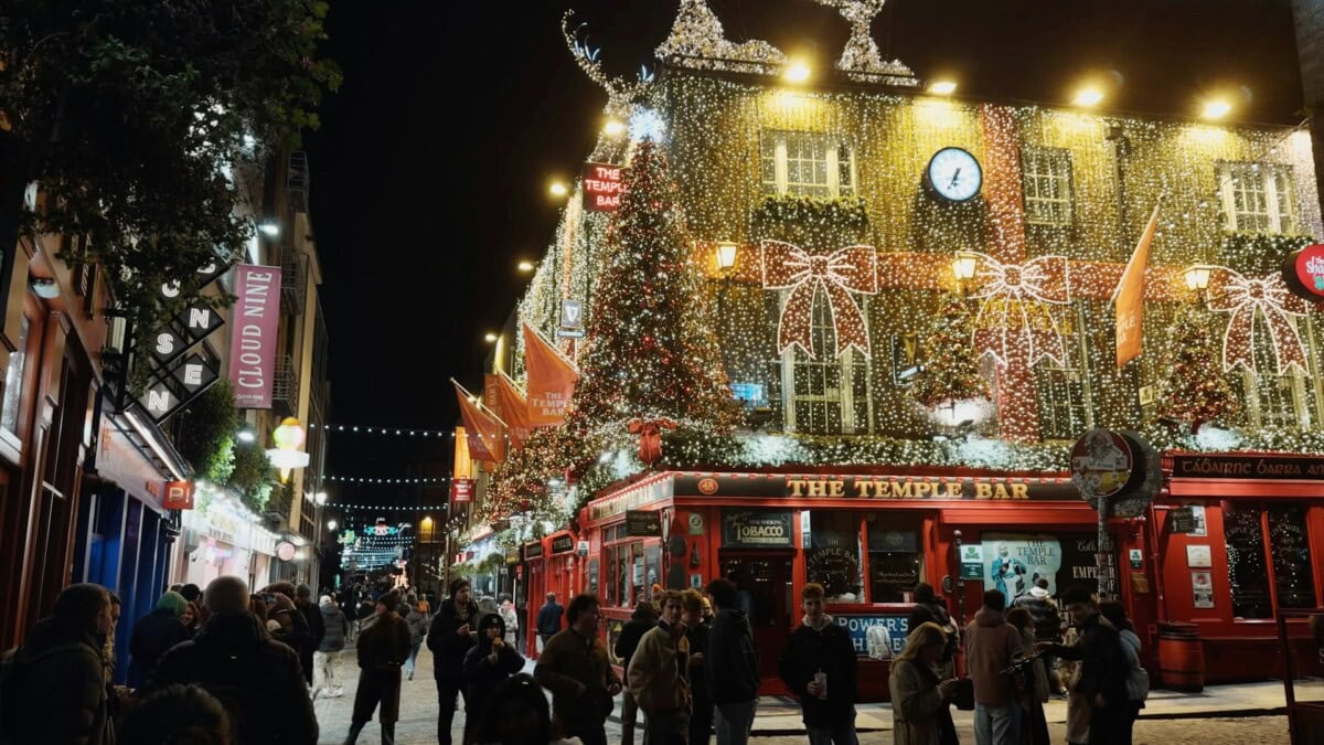 Christmas lights and festive decorations at Temple Bar in Dublin