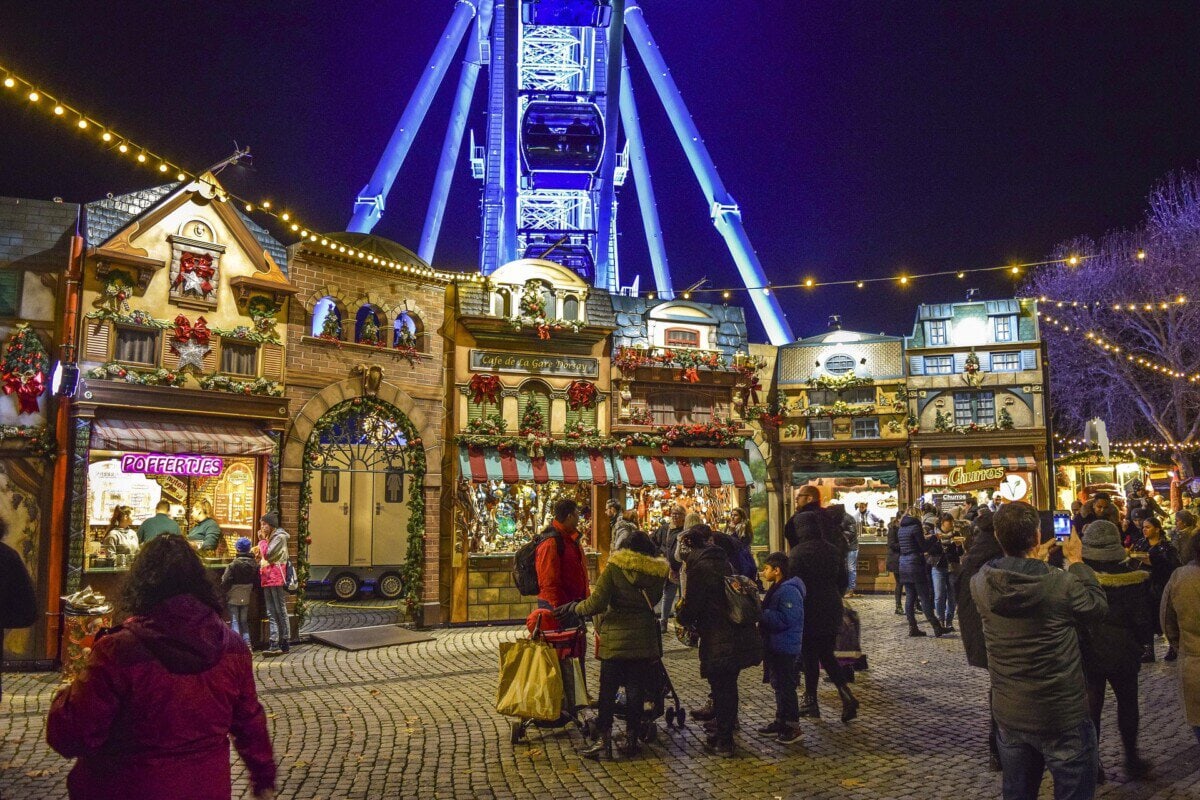 Düsseldorf Christmas market with Ferris wheel and festive stalls