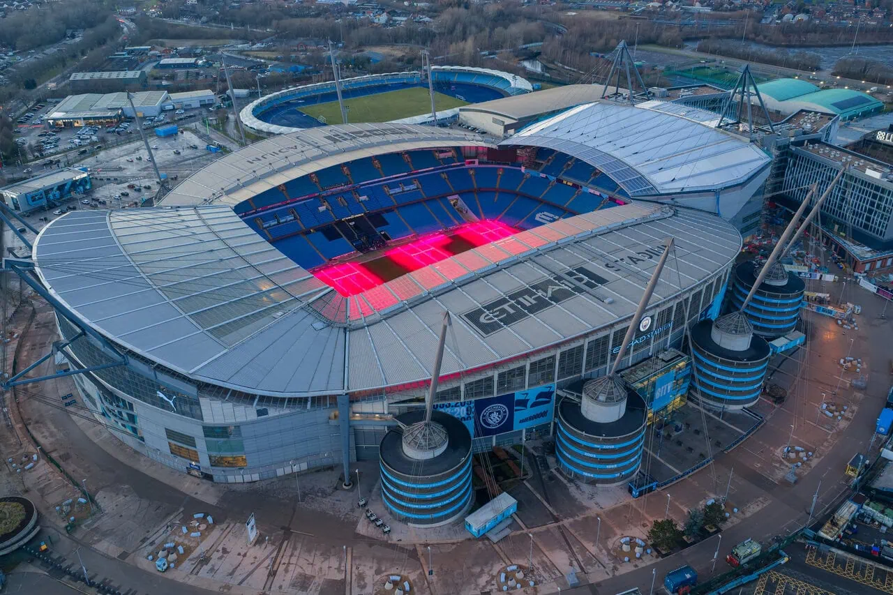 Aerial view of Etihad Stadium in Manchester, a UEFA EURO 2028 venue