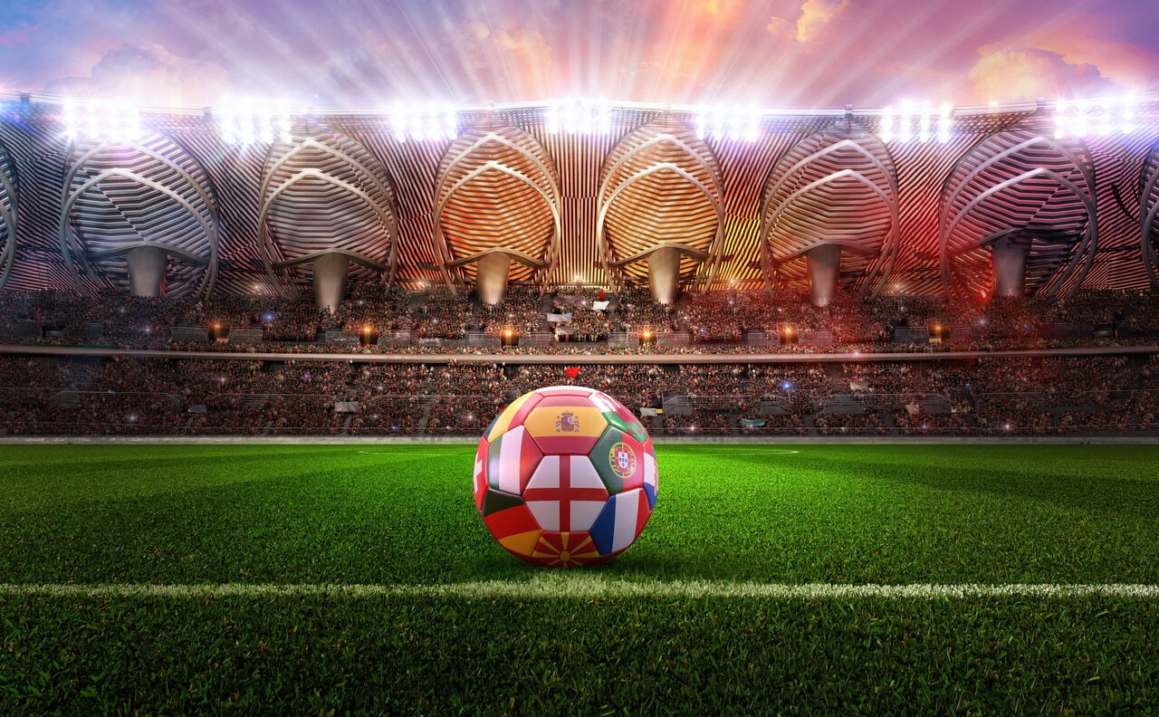 Football on a stadium pitch representing European national teams for UEFA EURO 2028