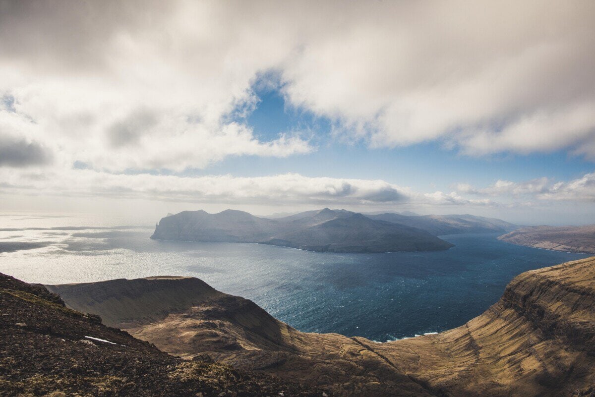 Mountainous islands and sea viewed from a high viewpoint in the Faroe Islands