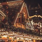 Traditional German Christmas market stall decorated with festive lights