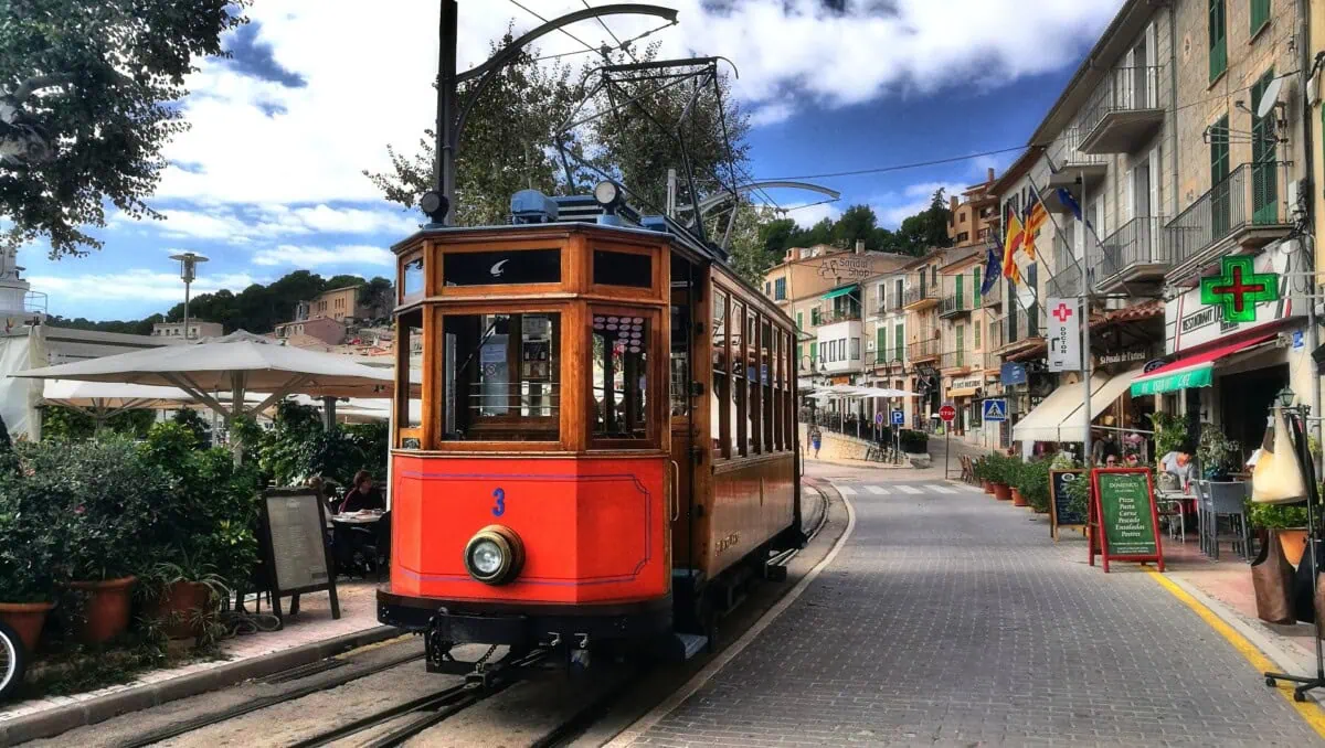 Vintage tram travelling through Sóller in Mallorca