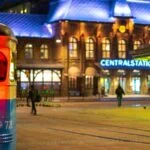Tram outside Gothenburg Central Station at night in central Gothenburg
