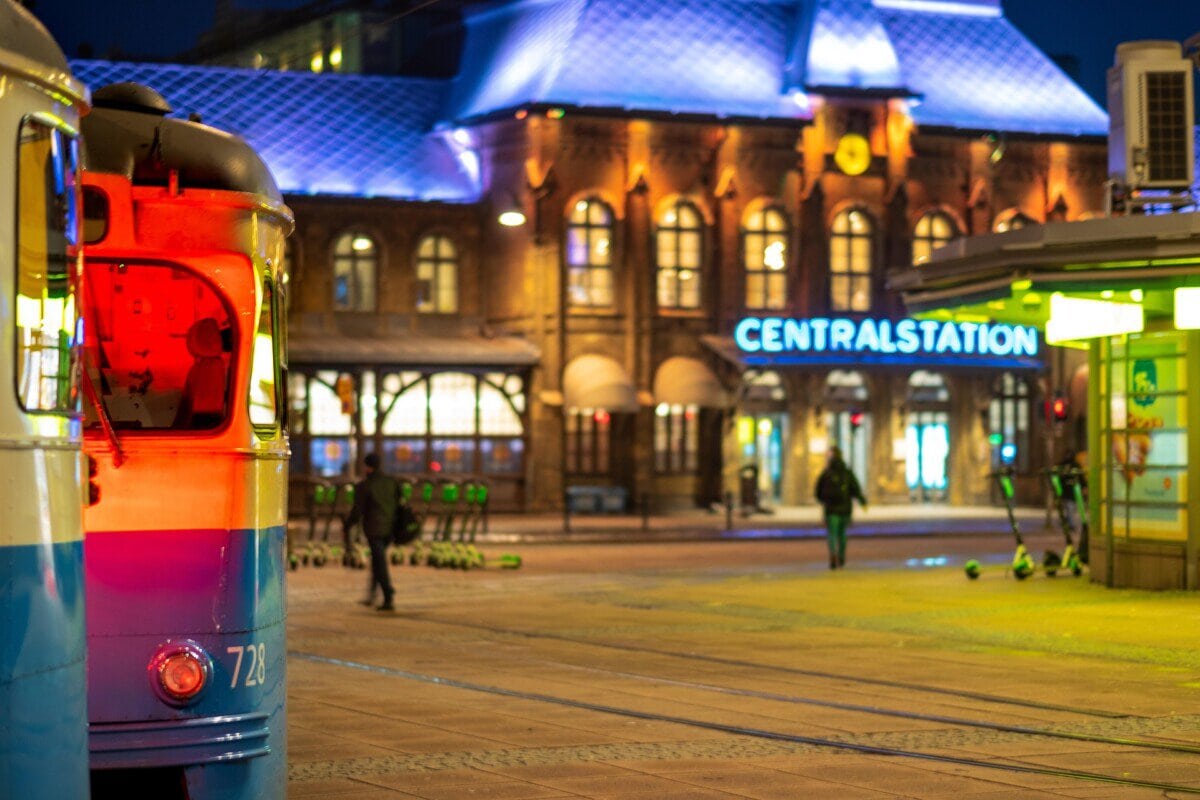 Tram outside Gothenburg Central Station at night in central Gothenburg
