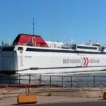 Destination Gotland ferry Gotlandia in port under a clear blue sky