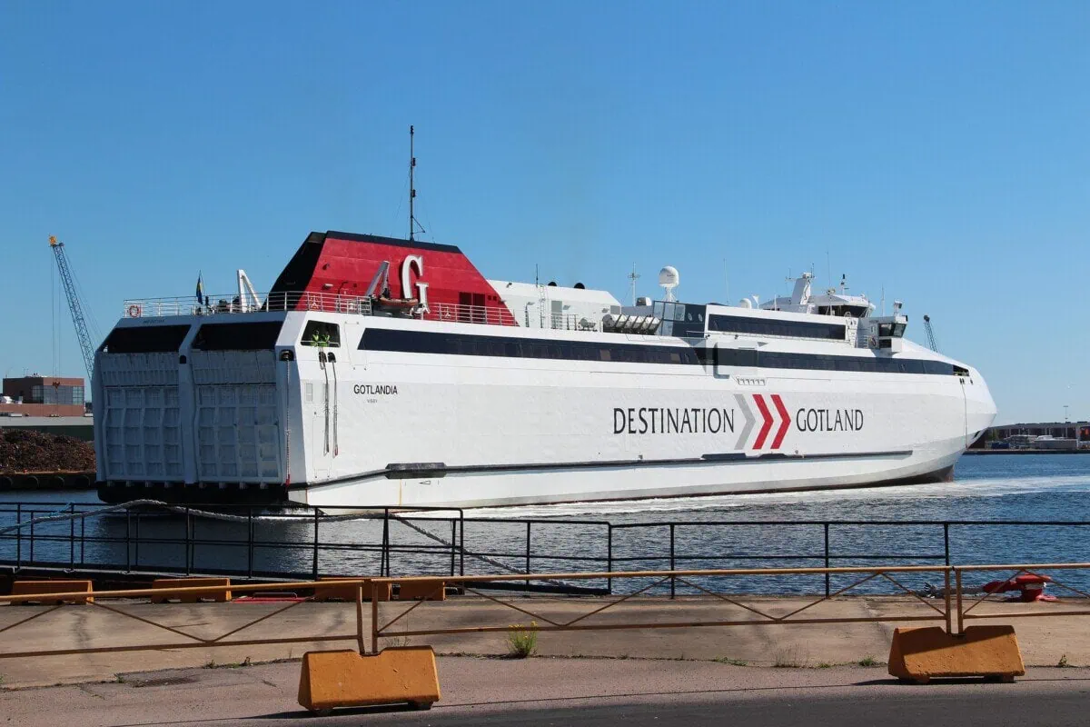 Destination Gotland ferry Gotlandia in port under a clear blue sky