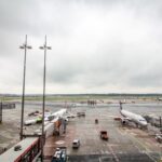 Aircraft at gates on the apron at Hamburg Airport