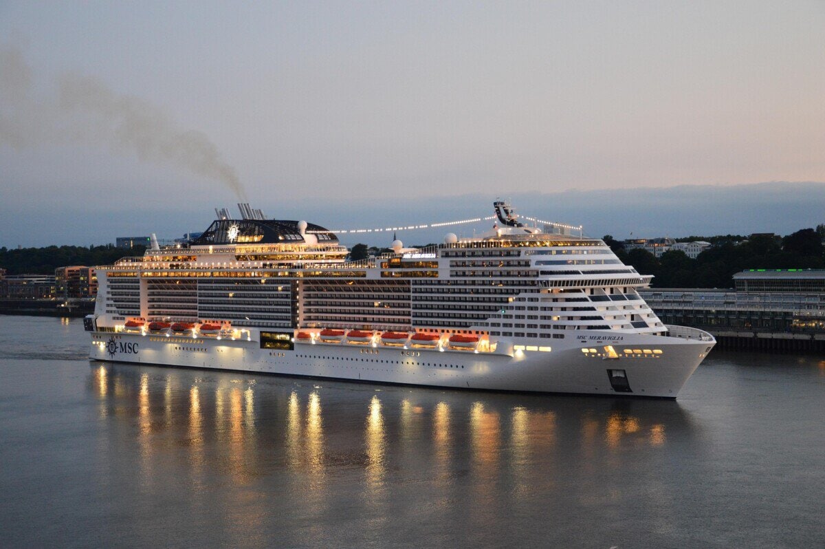 Large cruise ship sailing on the River Elbe in Hamburg