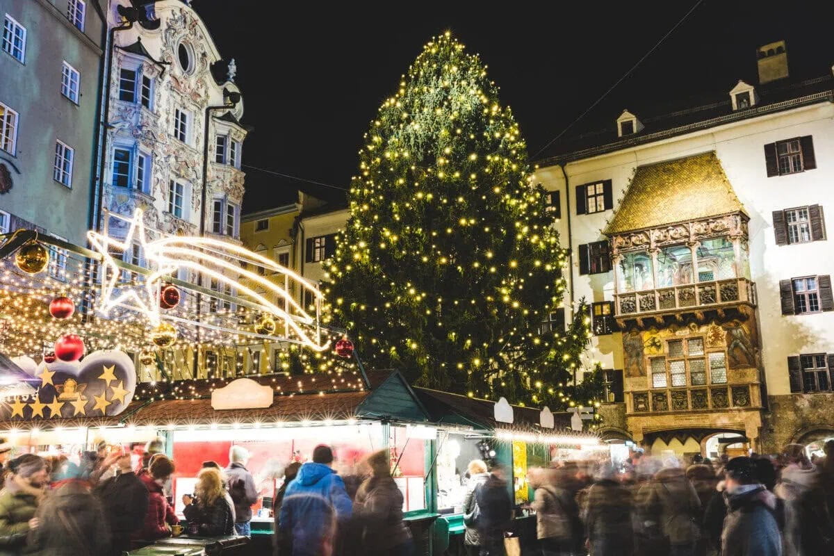Innsbruck Christmas market with illuminated tree and Golden Roof