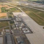 Aerial view of Leipzig Halle Airport terminal and runways