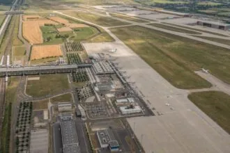 Aerial view of Leipzig Halle Airport terminal and runways