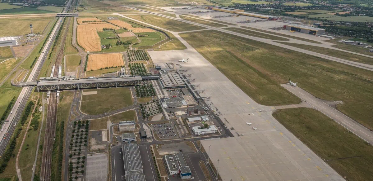 Aerial view of Leipzig Halle Airport terminal and runways