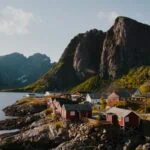 Fishing village and dramatic mountains in the Lofoten Islands, Norway
