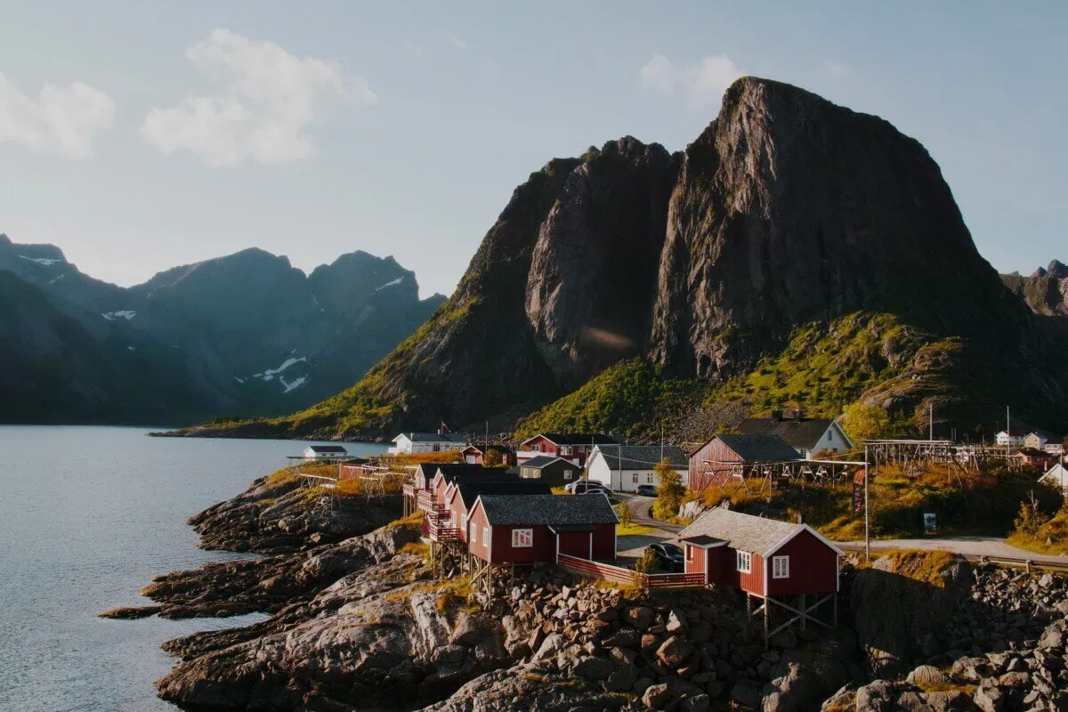 Fishing village and dramatic mountains in the Lofoten Islands, Norway