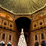 Christmas tree and festive lights inside Galleria Vittorio Emanuele II in Milan