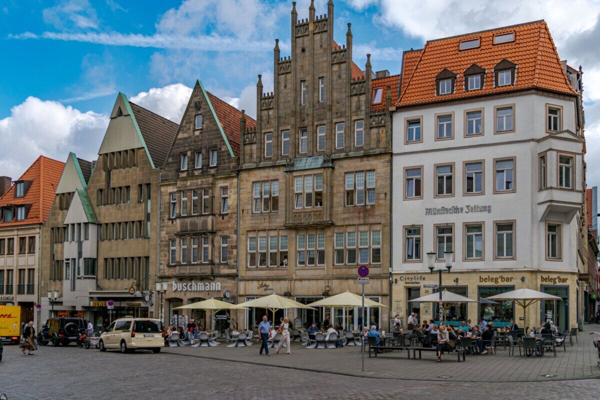 Historic buildings and pavement cafés in central Münster