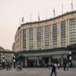 Entrance to Brussels-Central railway station with passengers outside