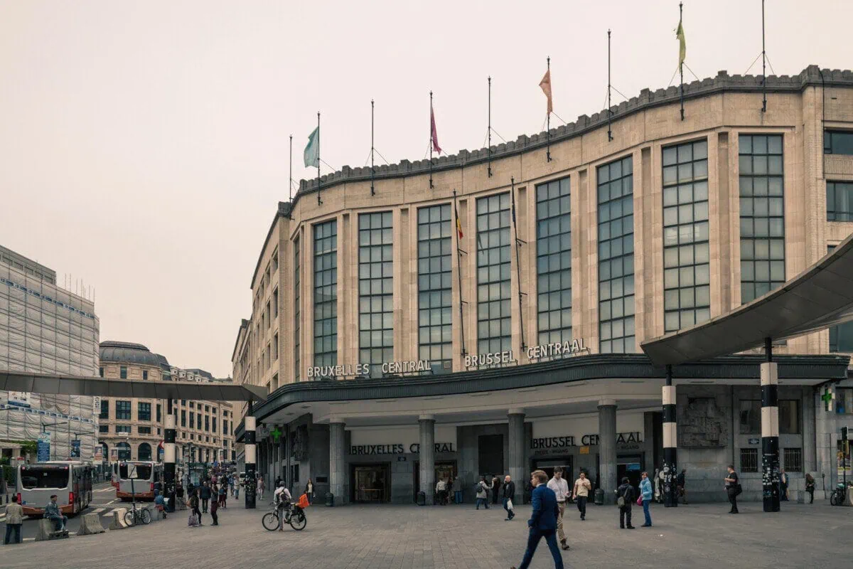 Entrance to Brussels-Central railway station with passengers outside