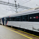 Vy Nord train at a Norwegian station for Oslo Airport ski resort transfers