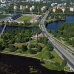 Aerial view of Oulu, Finland, with waterways, roads and green spaces