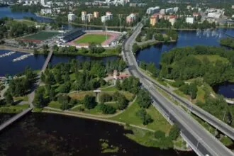 Aerial view of Oulu, Finland, with waterways, roads and green spaces
