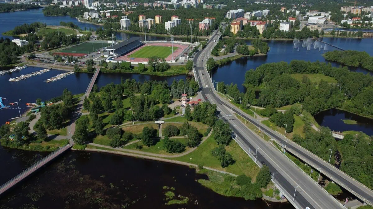 Aerial view of Oulu, Finland, with waterways, roads and green spaces