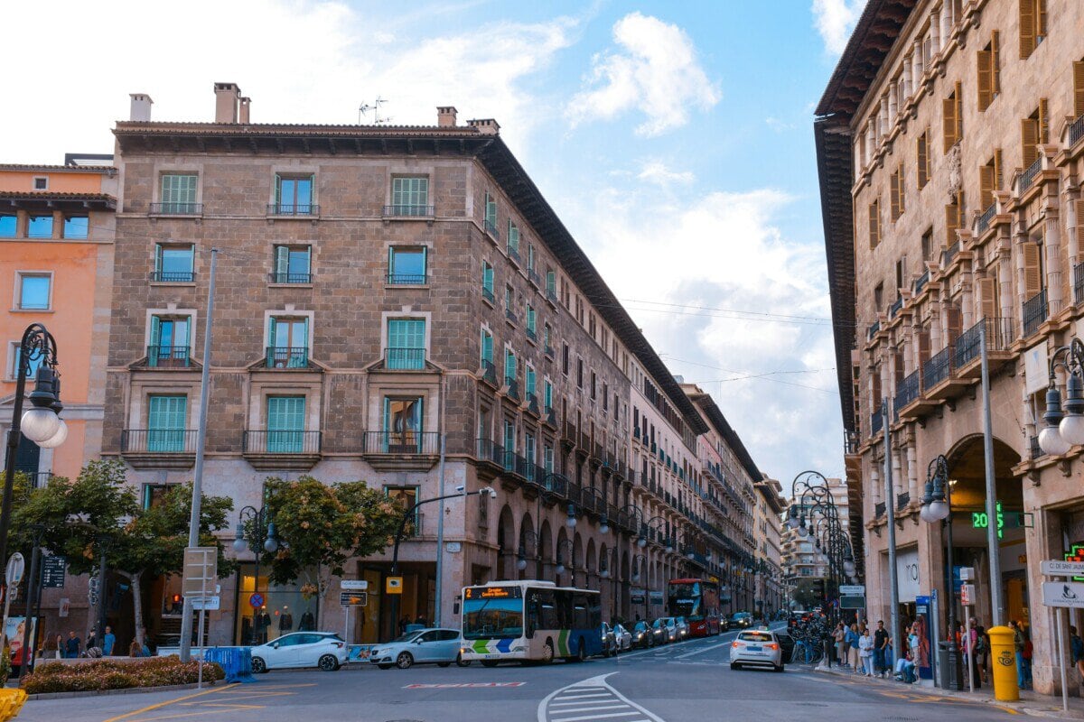 Bus on a city street in central Palma de Mallorca