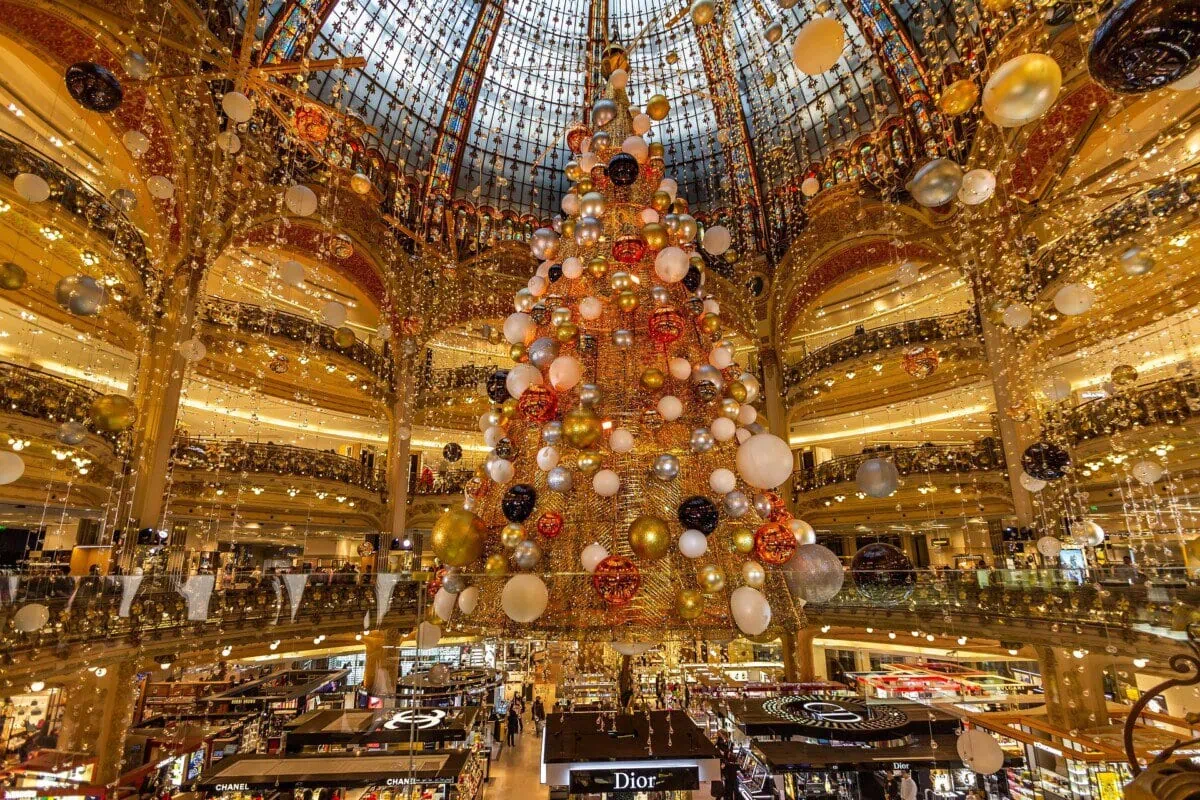 Large Christmas tree inside Galeries Lafayette in Paris