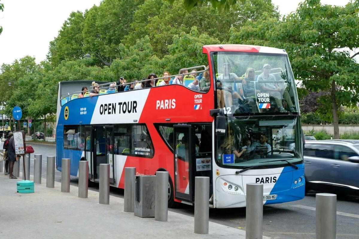 Open-top hop-on hop-off sightseeing bus in Paris