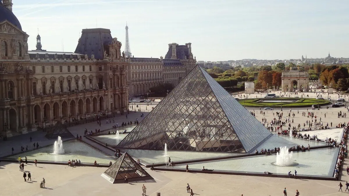 Louvre Pyramid and museum buildings in central Paris