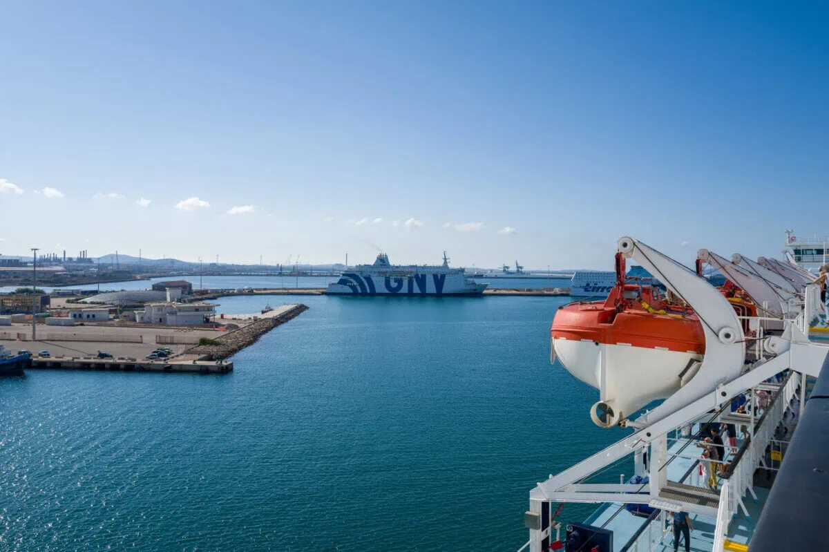 Ferry arriving at Porto Torres port in Sardinia