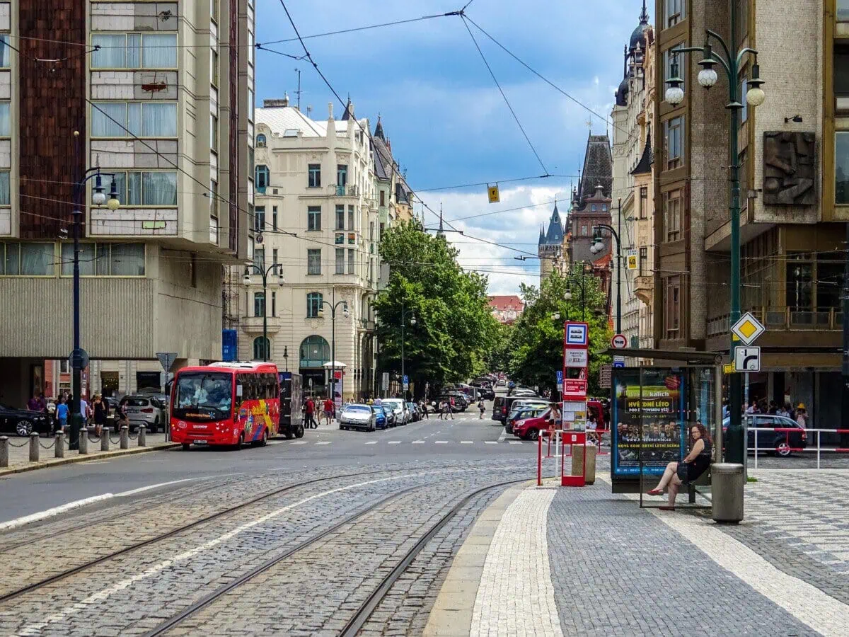 Sightseeing bus on a street in central Prague