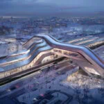 Architectural visualisation of a future Rail Baltica station and rail interchange in winter